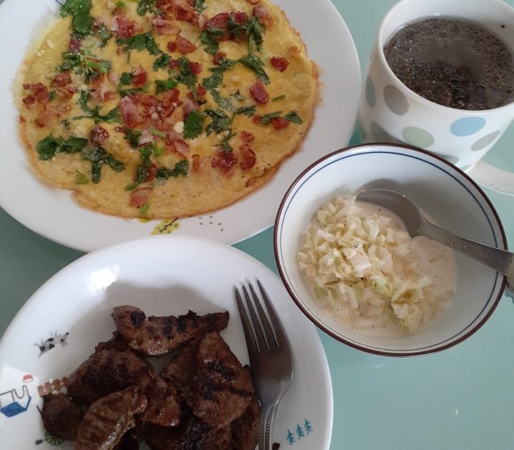 Meat, Fried Egg, Almond Milk with Vegetable and coffee