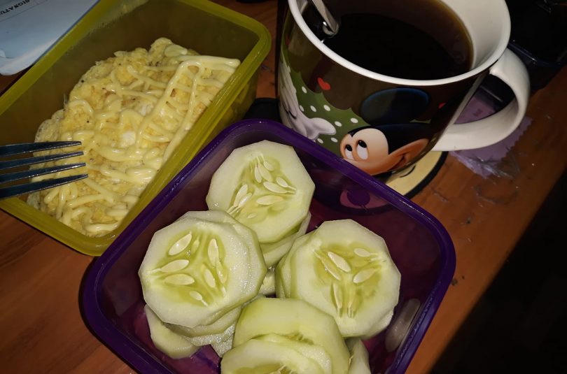 Fried egg with cheese, Black coffee and cucumber