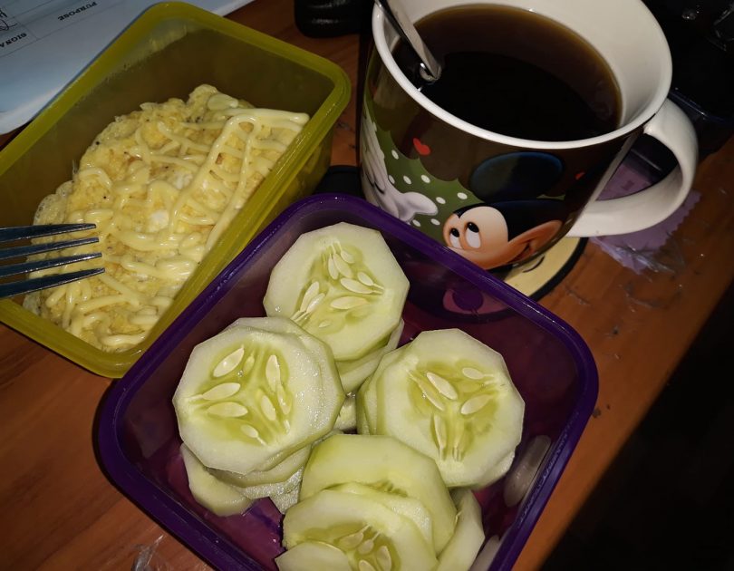 Fried egg with cheese, Black coffee and cucumber