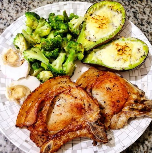 Avocado, broccoli, boiled egg and Fried Porkchop