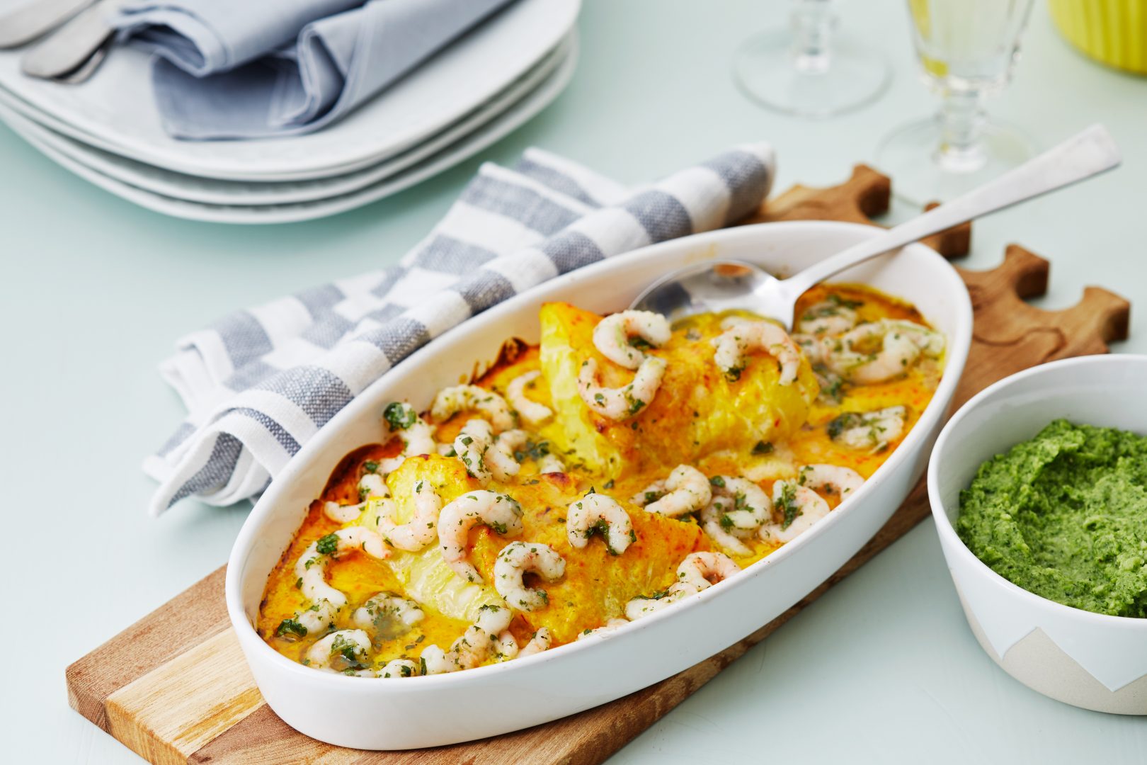 Creamy fish and shrimp casserole with saffron