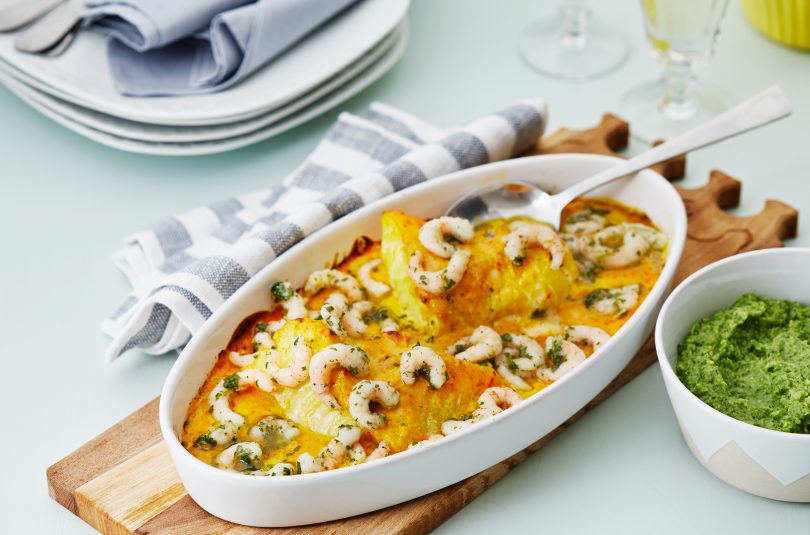 Creamy fish and shrimp casserole with saffron