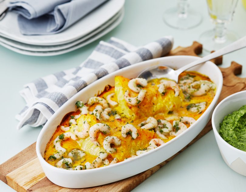 Creamy fish and shrimp casserole with saffron