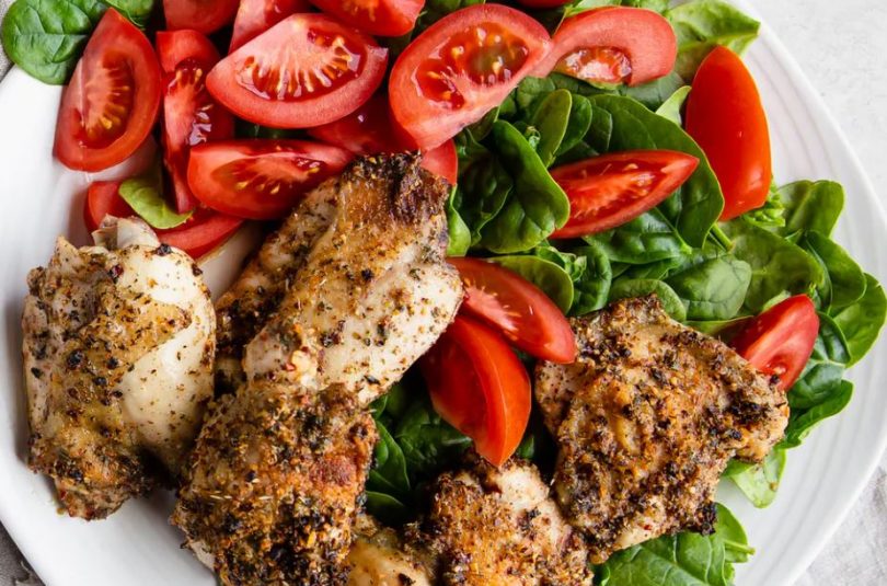 Low carb crispy chicken with creamy dijon lemon dressing