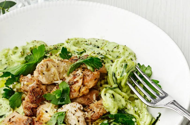 Low carb avocado Alfredo sauce with zoodles and chicken